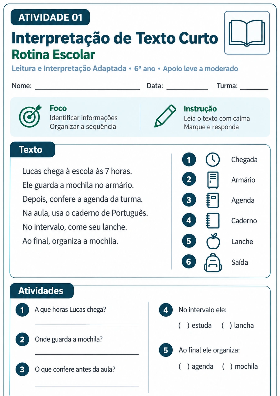 Folha de leitura e interpretação com texto curto e perguntas objetivas