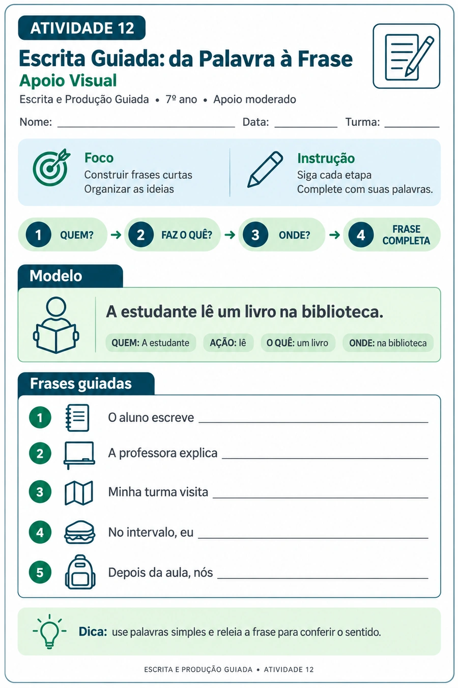 Folha de escrita guiada, da palavra à frase, com modelo visual