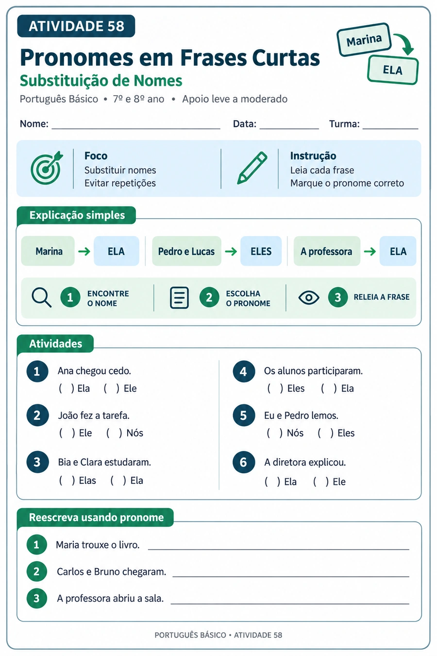 Folha de português básico com vocabulário e compreensão de comandos