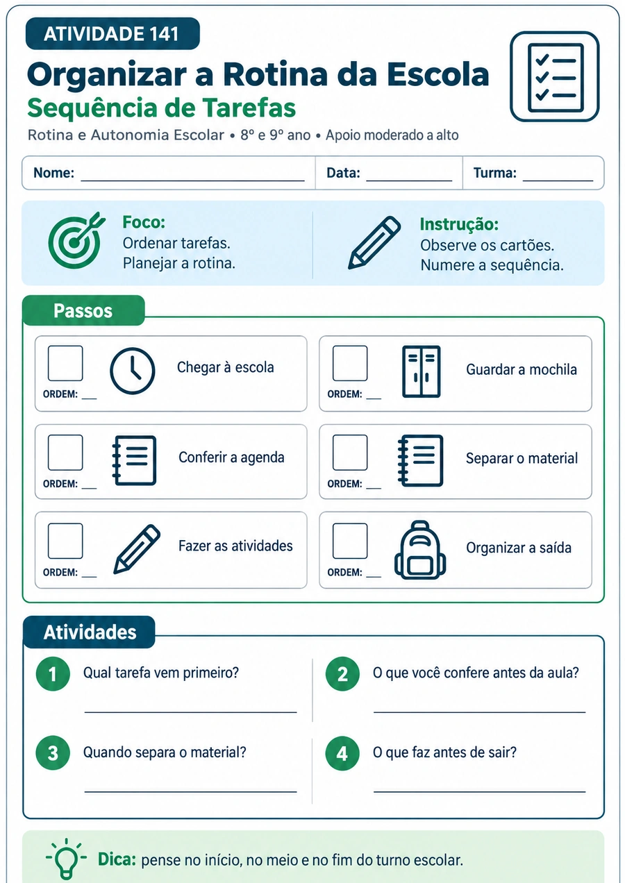 Folha de rotina e autonomia escolar com sequência de tarefas
