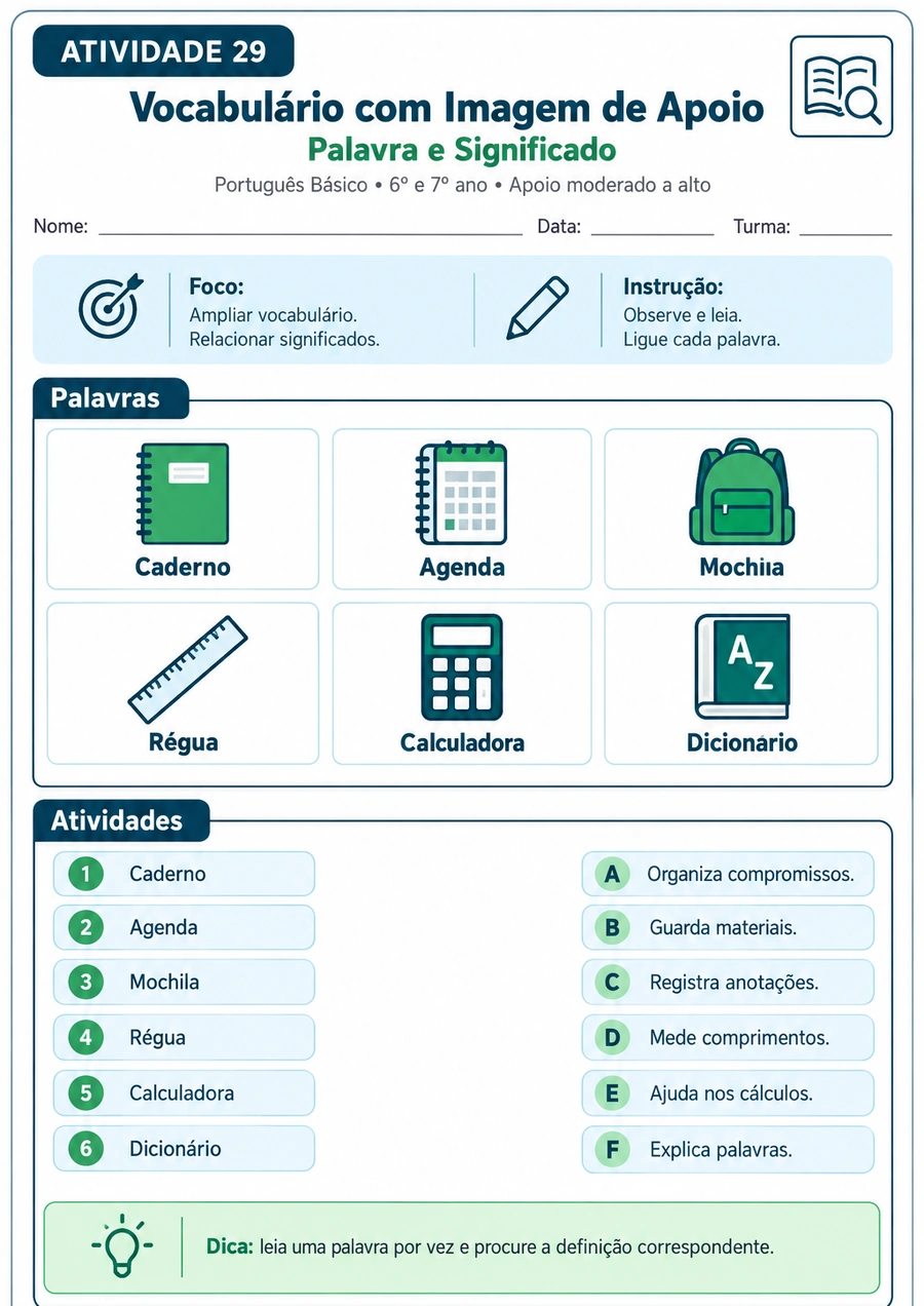 Folha adaptada de vocabulário com imagem de apoio