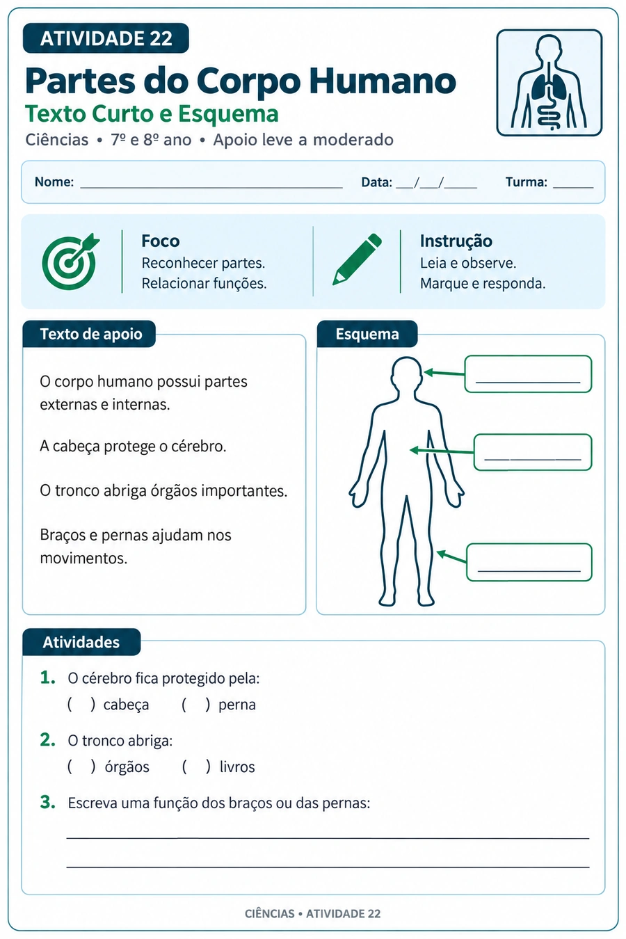 Folha adaptada de ciências com texto curto e esquema