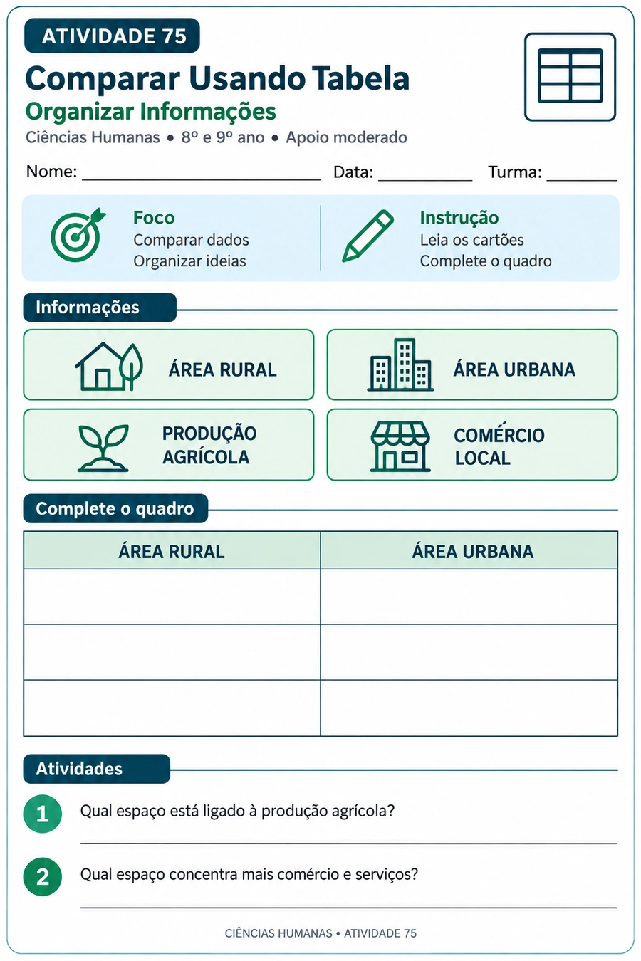 Folha adaptada de comparação com tabela simples
