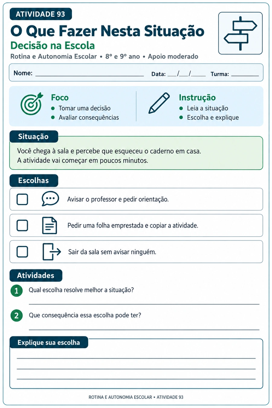 Folha adaptada de tomada de decisão em situação escolar